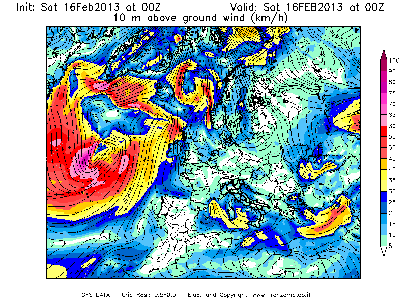Mappa di analisi GFS - Velocità del vento a 10 metri dal suolo [km/h] in Europa
									del 16/02/2013 00 <!--googleoff: index-->UTC<!--googleon: index-->