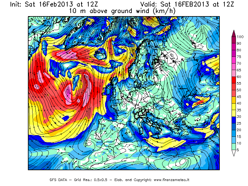 Mappa di analisi GFS - Velocità del vento a 10 metri dal suolo [km/h] in Europa
									del 16/02/2013 12 <!--googleoff: index-->UTC<!--googleon: index-->