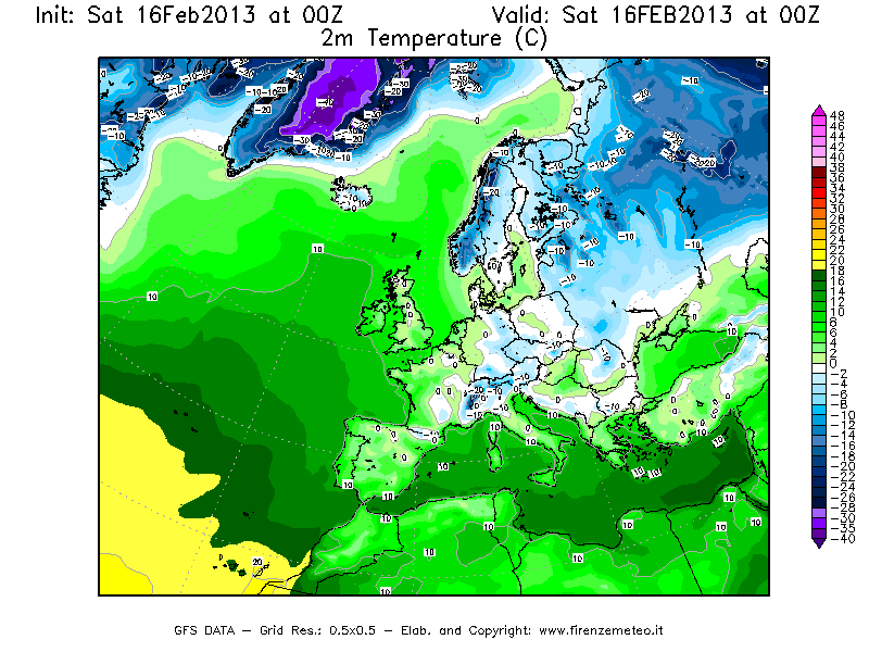 Mappa di analisi GFS - Temperatura a 2 metri dal suolo [°C] in Europa
									del 16/02/2013 00 <!--googleoff: index-->UTC<!--googleon: index-->