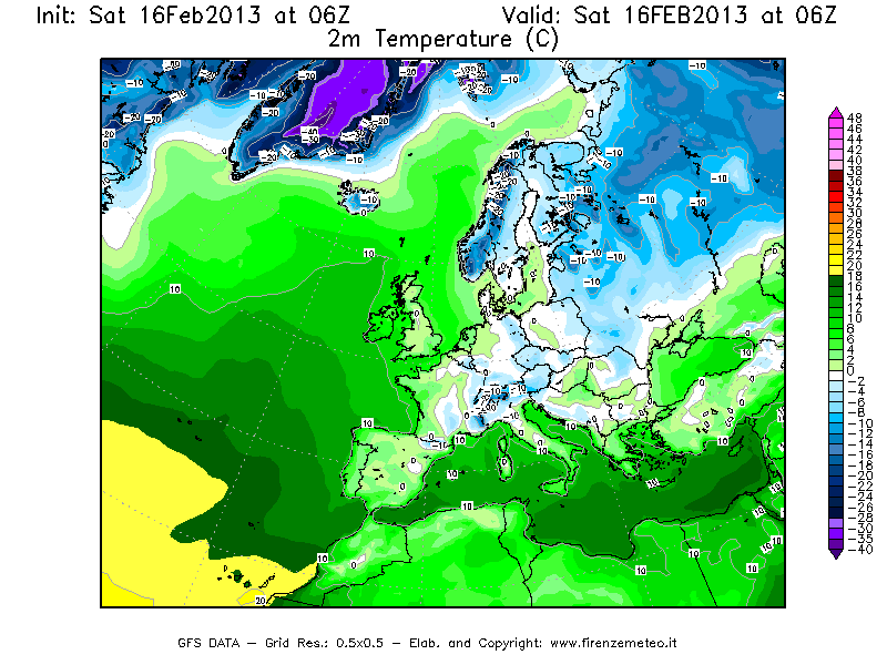 Mappa di analisi GFS - Temperatura a 2 metri dal suolo [°C] in Europa
									del 16/02/2013 06 <!--googleoff: index-->UTC<!--googleon: index-->