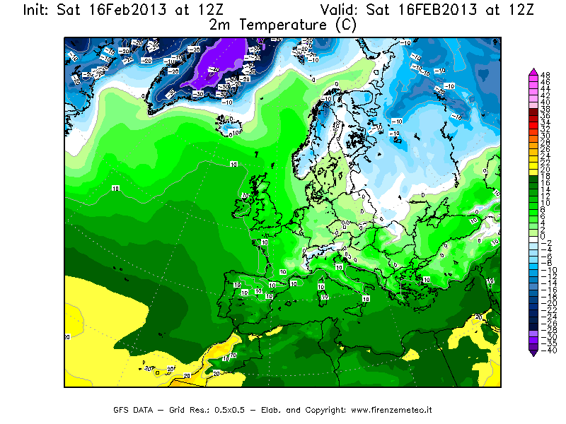 Mappa di analisi GFS - Temperatura a 2 metri dal suolo [°C] in Europa
									del 16/02/2013 12 <!--googleoff: index-->UTC<!--googleon: index-->