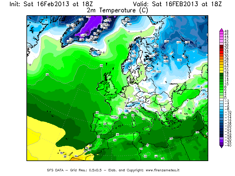 Mappa di analisi GFS - Temperatura a 2 metri dal suolo [°C] in Europa
									del 16/02/2013 18 <!--googleoff: index-->UTC<!--googleon: index-->