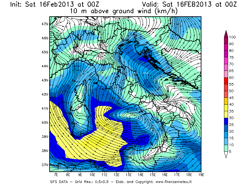 Mappa di analisi GFS - Velocità del vento a 10 metri dal suolo [km/h] in Italia
									del 16/02/2013 00 <!--googleoff: index-->UTC<!--googleon: index-->