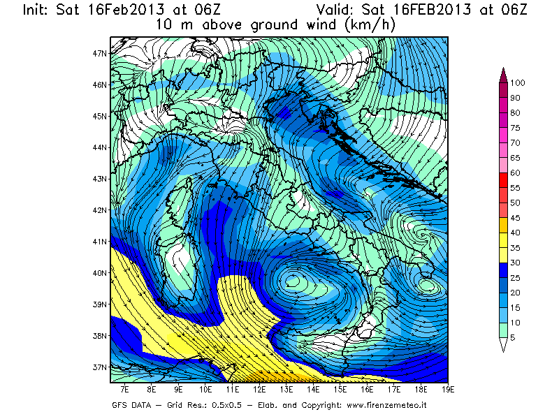 Mappa di analisi GFS - Velocità del vento a 10 metri dal suolo [km/h] in Italia
									del 16/02/2013 06 <!--googleoff: index-->UTC<!--googleon: index-->