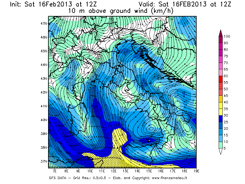 Mappa di analisi GFS - Velocità del vento a 10 metri dal suolo [km/h] in Italia
									del 16/02/2013 12 <!--googleoff: index-->UTC<!--googleon: index-->