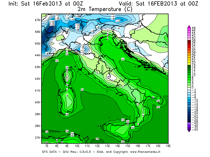 Mappa di analisi GFS - Temperatura a 2 metri dal suolo [°C] in Italia
									del 16/02/2013 00 <!--googleoff: index-->UTC<!--googleon: index-->