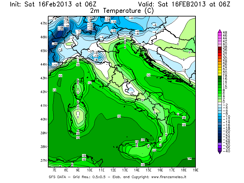 Mappa di analisi GFS - Temperatura a 2 metri dal suolo [°C] in Italia
									del 16/02/2013 06 <!--googleoff: index-->UTC<!--googleon: index-->