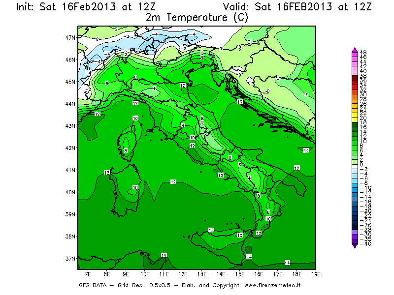 Mappa di analisi GFS - Temperatura a 2 metri dal suolo [°C] in Italia
									del 16/02/2013 12 <!--googleoff: index-->UTC<!--googleon: index-->