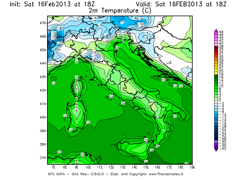 Mappa di analisi GFS - Temperatura a 2 metri dal suolo [°C] in Italia
									del 16/02/2013 18 <!--googleoff: index-->UTC<!--googleon: index-->