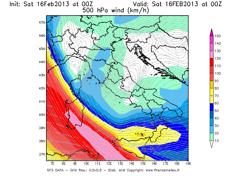 Mappa di analisi GFS - Velocità del vento a 500 hPa [km/h] in Italia
									del 16/02/2013 00 <!--googleoff: index-->UTC<!--googleon: index-->