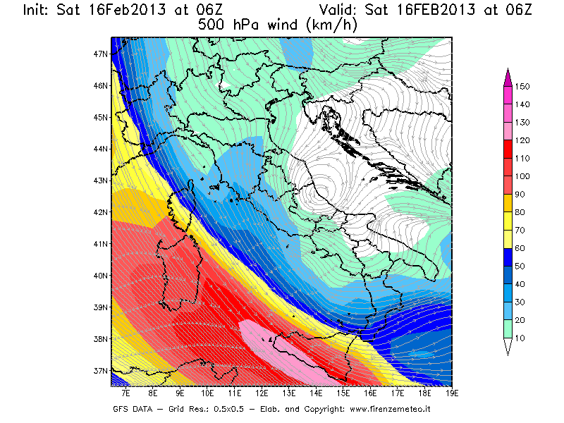 Mappa di analisi GFS - Velocità del vento a 500 hPa [km/h] in Italia
									del 16/02/2013 06 <!--googleoff: index-->UTC<!--googleon: index-->