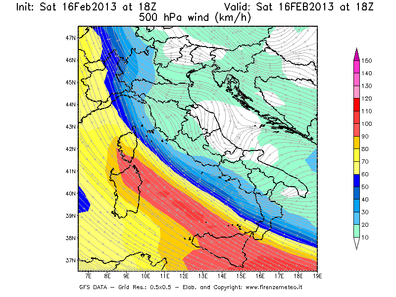 Mappa di analisi GFS - Velocità del vento a 500 hPa [km/h] in Italia
									del 16/02/2013 18 <!--googleoff: index-->UTC<!--googleon: index-->
