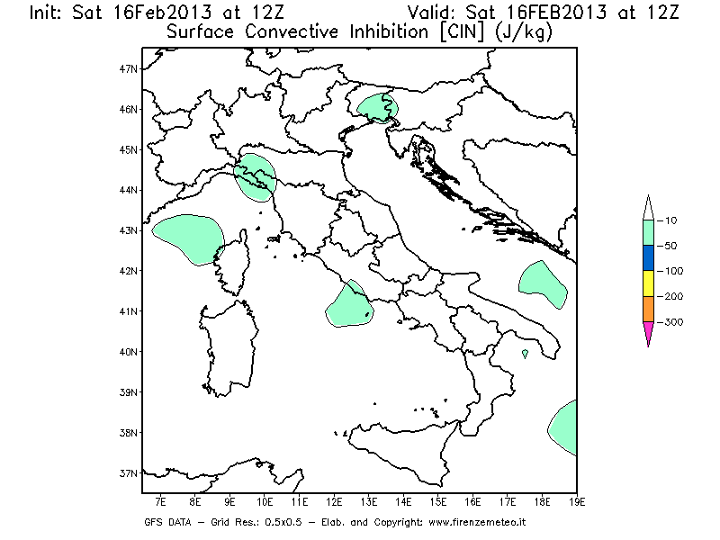 Mappa di analisi GFS - CIN [J/kg] in Italia
									del 16/02/2013 12 <!--googleoff: index-->UTC<!--googleon: index-->