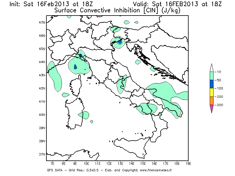 Mappa di analisi GFS - CIN [J/kg] in Italia
									del 16/02/2013 18 <!--googleoff: index-->UTC<!--googleon: index-->