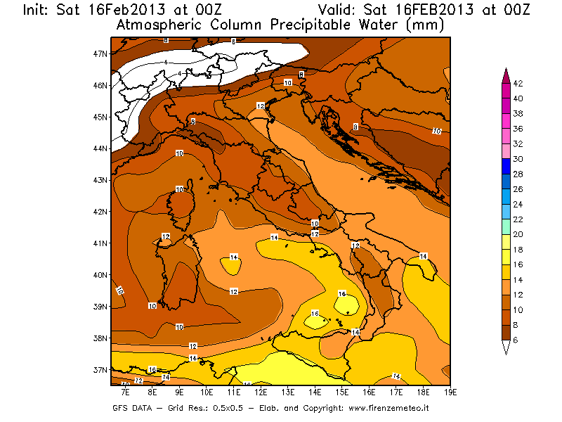 Mappa di analisi GFS - Precipitable Water [mm] in Italia
									del 16/02/2013 00 <!--googleoff: index-->UTC<!--googleon: index-->