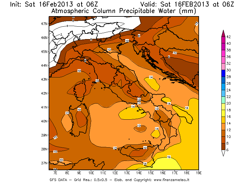 Mappa di analisi GFS - Precipitable Water [mm] in Italia
									del 16/02/2013 06 <!--googleoff: index-->UTC<!--googleon: index-->