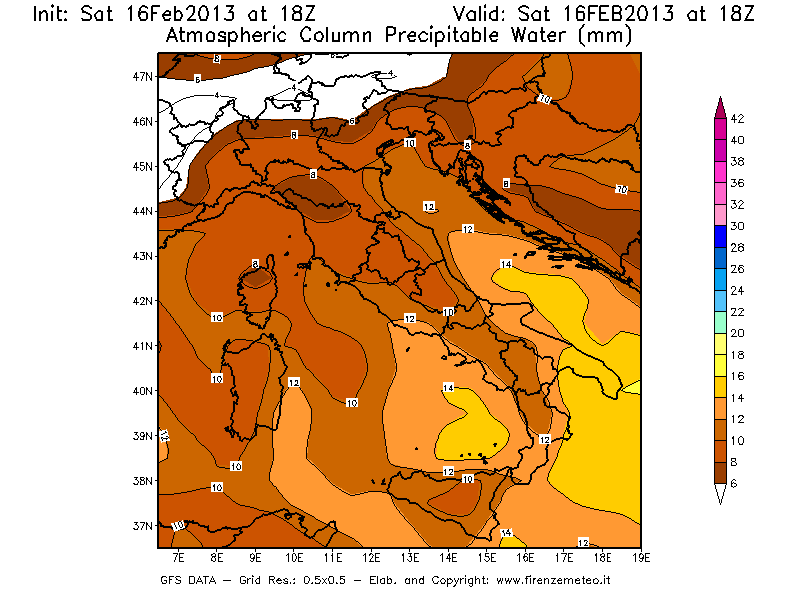 Mappa di analisi GFS - Precipitable Water [mm] in Italia
									del 16/02/2013 18 <!--googleoff: index-->UTC<!--googleon: index-->