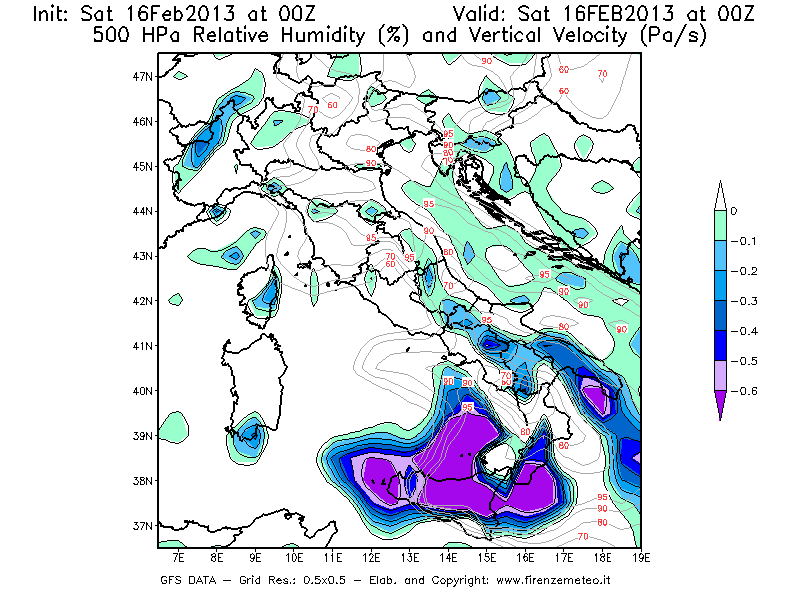 Mappa di analisi GFS - Umidità relativa [%] e Omega [Pa/s] a 500 hPa in Italia
									del 16/02/2013 00 <!--googleoff: index-->UTC<!--googleon: index-->