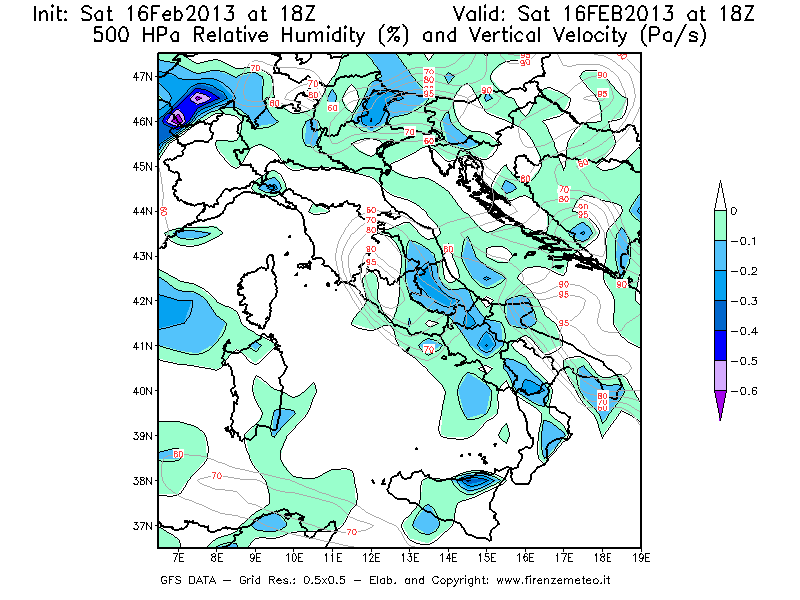 Mappa di analisi GFS - Umidità relativa [%] e Omega [Pa/s] a 500 hPa in Italia
									del 16/02/2013 18 <!--googleoff: index-->UTC<!--googleon: index-->