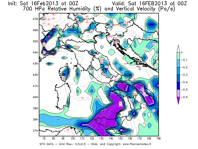 Mappa di analisi GFS - Umidità relativa [%] e Omega [Pa/s] a 700 hPa in Italia
									del 16/02/2013 00 <!--googleoff: index-->UTC<!--googleon: index-->