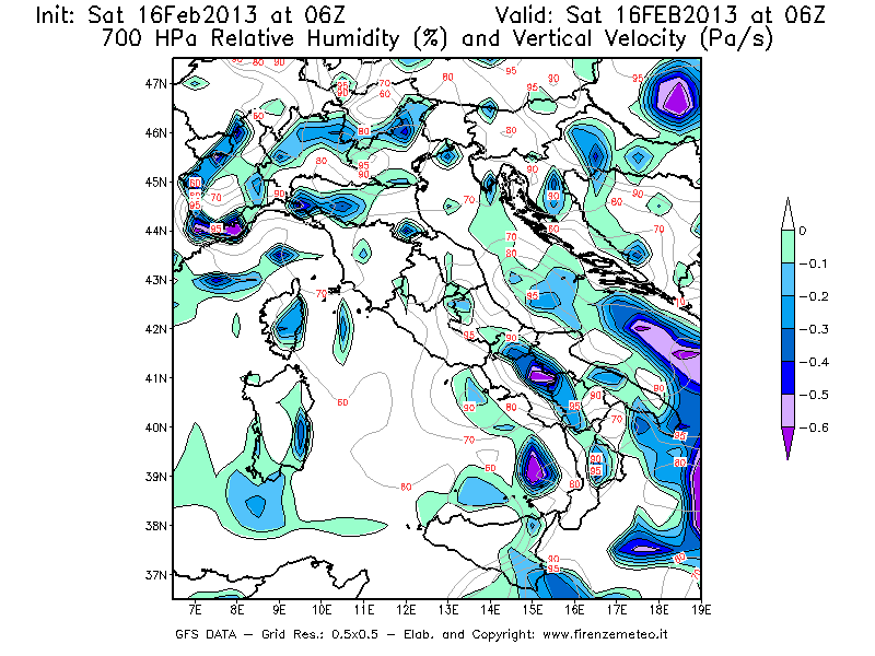 Mappa di analisi GFS - Umidità relativa [%] e Omega [Pa/s] a 700 hPa in Italia
									del 16/02/2013 06 <!--googleoff: index-->UTC<!--googleon: index-->