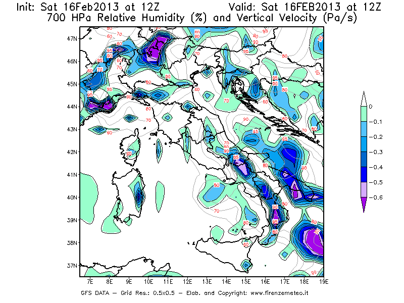 Mappa di analisi GFS - Umidità relativa [%] e Omega [Pa/s] a 700 hPa in Italia
									del 16/02/2013 12 <!--googleoff: index-->UTC<!--googleon: index-->