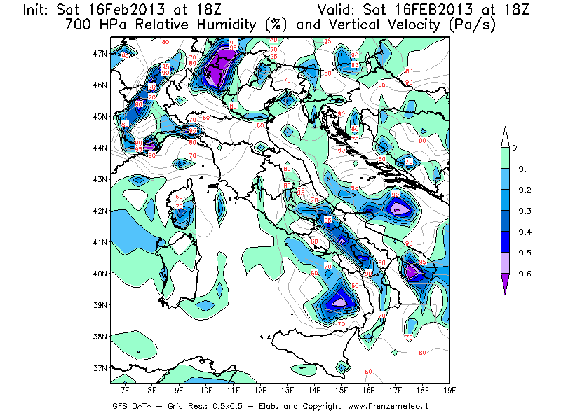 Mappa di analisi GFS - Umidità relativa [%] e Omega [Pa/s] a 700 hPa in Italia
									del 16/02/2013 18 <!--googleoff: index-->UTC<!--googleon: index-->