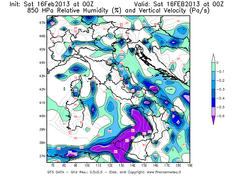 Mappa di analisi GFS - Umidità relativa [%] e Omega [Pa/s] a 850 hPa in Italia
									del 16/02/2013 00 <!--googleoff: index-->UTC<!--googleon: index-->