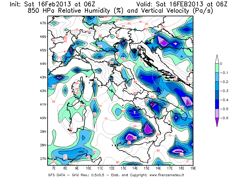Mappa di analisi GFS - Umidità relativa [%] e Omega [Pa/s] a 850 hPa in Italia
									del 16/02/2013 06 <!--googleoff: index-->UTC<!--googleon: index-->