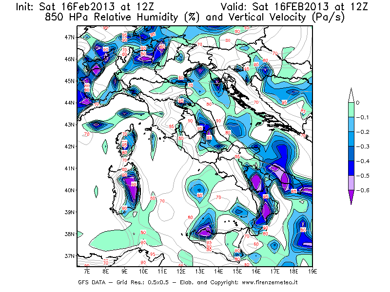 Mappa di analisi GFS - Umidità relativa [%] e Omega [Pa/s] a 850 hPa in Italia
									del 16/02/2013 12 <!--googleoff: index-->UTC<!--googleon: index-->