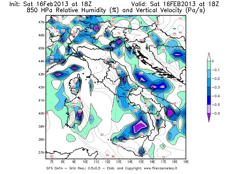 Mappa di analisi GFS - Umidità relativa [%] e Omega [Pa/s] a 850 hPa in Italia
									del 16/02/2013 18 <!--googleoff: index-->UTC<!--googleon: index-->