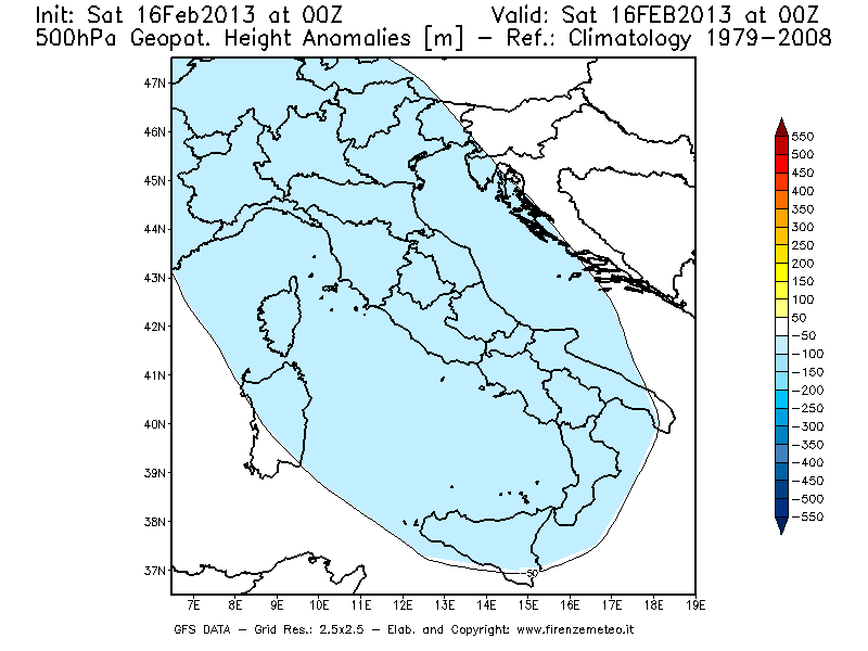 Mappa di analisi GFS - Anomalia di Geopotenziale a 500 hPa in Italia
									del 16/02/2013 00 <!--googleoff: index-->UTC<!--googleon: index-->