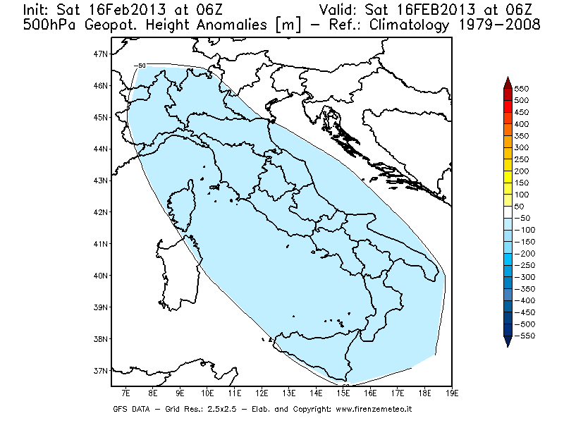 Mappa di analisi GFS - Anomalia di Geopotenziale a 500 hPa in Italia
									del 16/02/2013 06 <!--googleoff: index-->UTC<!--googleon: index-->