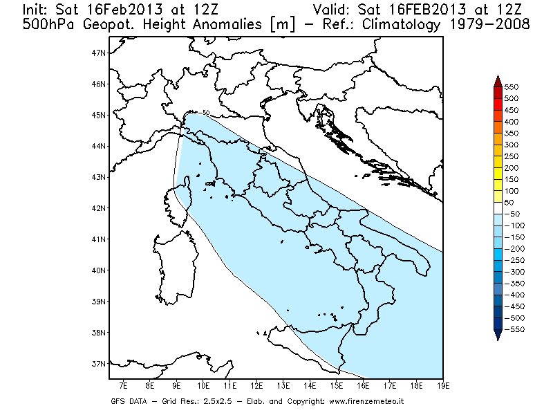 Mappa di analisi GFS - Anomalia di Geopotenziale a 500 hPa in Italia
									del 16/02/2013 12 <!--googleoff: index-->UTC<!--googleon: index-->