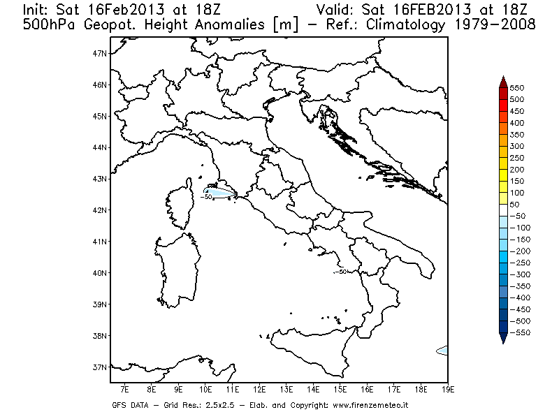 Mappa di analisi GFS - Anomalia di Geopotenziale a 500 hPa in Italia
									del 16/02/2013 18 <!--googleoff: index-->UTC<!--googleon: index-->