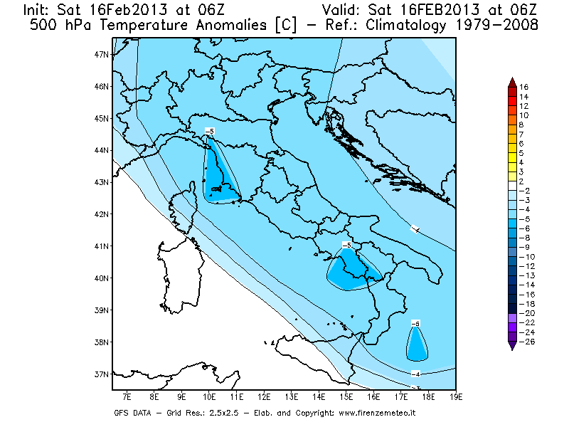 Mappa di analisi GFS - Anomalia Temperatura [°C] a 500 hPa in Italia
									del 16/02/2013 06 <!--googleoff: index-->UTC<!--googleon: index-->