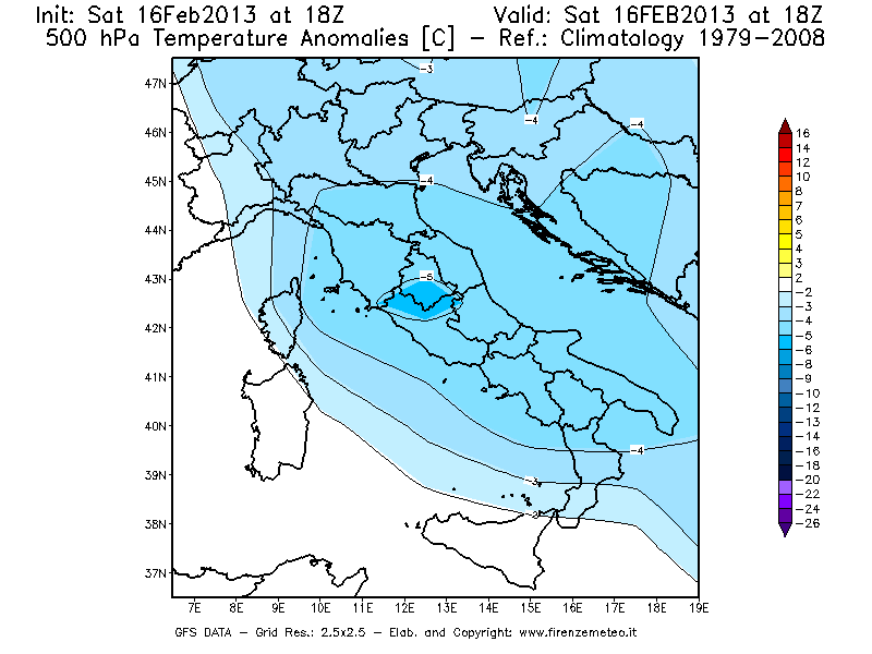 Mappa di analisi GFS - Anomalia Temperatura [°C] a 500 hPa in Italia
									del 16/02/2013 18 <!--googleoff: index-->UTC<!--googleon: index-->