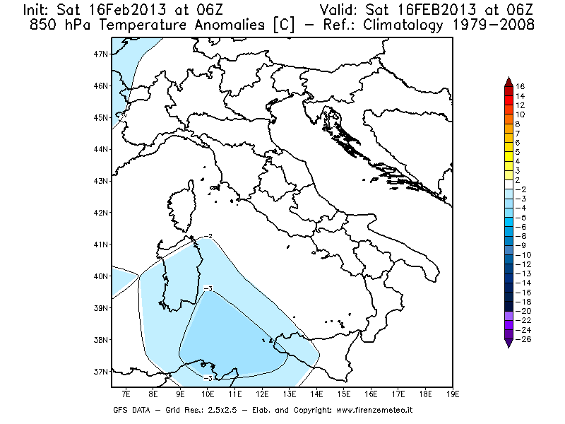 Mappa di analisi GFS - Anomalia Temperatura [°C] a 850 hPa in Italia
									del 16/02/2013 06 <!--googleoff: index-->UTC<!--googleon: index-->