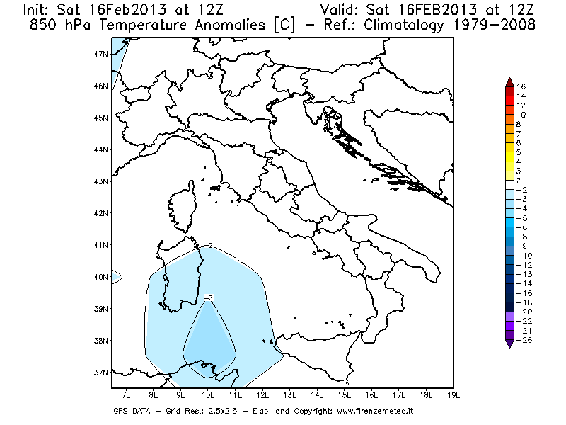 Mappa di analisi GFS - Anomalia Temperatura [°C] a 850 hPa in Italia
									del 16/02/2013 12 <!--googleoff: index-->UTC<!--googleon: index-->