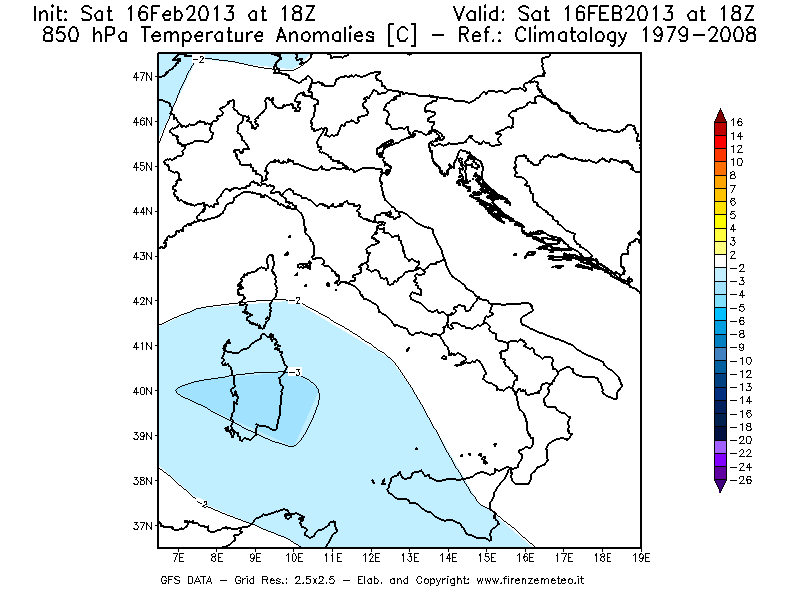 Mappa di analisi GFS - Anomalia Temperatura [°C] a 850 hPa in Italia
									del 16/02/2013 18 <!--googleoff: index-->UTC<!--googleon: index-->