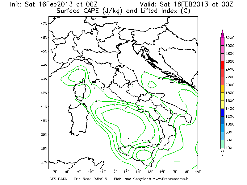 Mappa di analisi GFS - CAPE [J/kg] e Lifted Index [°C] in Italia
									del 16/02/2013 00 <!--googleoff: index-->UTC<!--googleon: index-->
