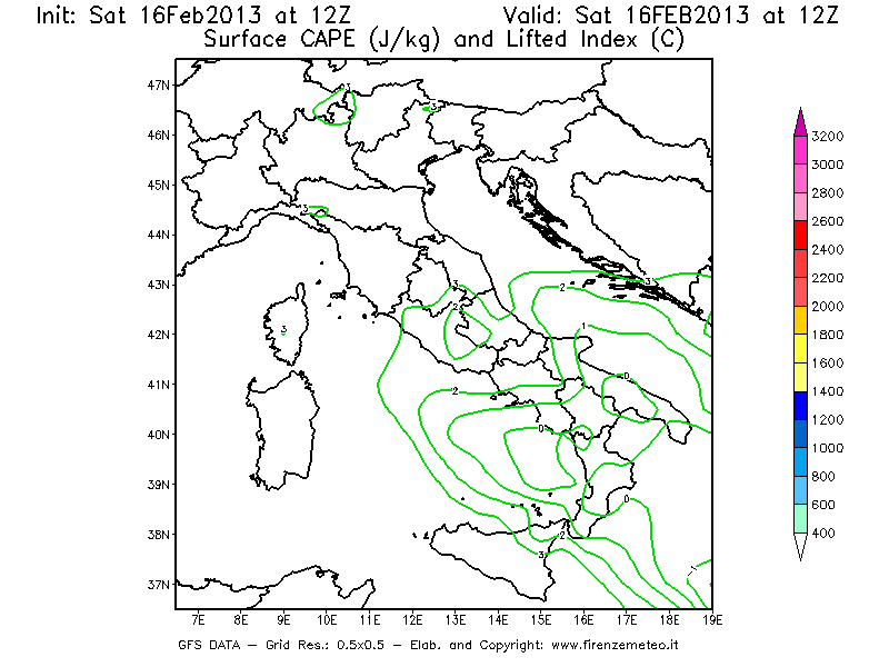 Mappa di analisi GFS - CAPE [J/kg] e Lifted Index [°C] in Italia
									del 16/02/2013 12 <!--googleoff: index-->UTC<!--googleon: index-->