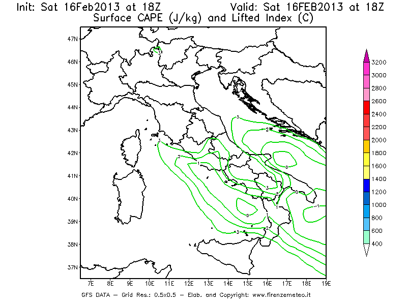 Mappa di analisi GFS - CAPE [J/kg] e Lifted Index [°C] in Italia
									del 16/02/2013 18 <!--googleoff: index-->UTC<!--googleon: index-->