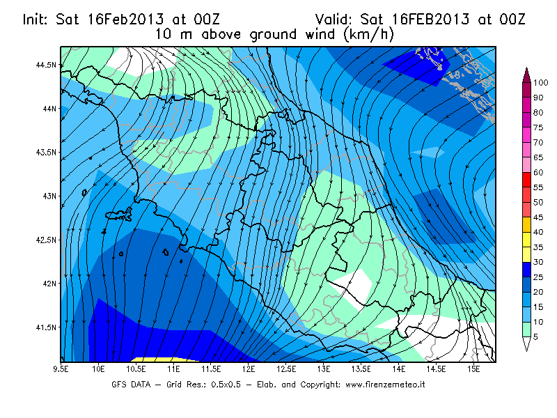 Mappa di analisi GFS - Velocità del vento a 10 metri dal suolo [km/h] in Centro-Italia
									del 16/02/2013 00 <!--googleoff: index-->UTC<!--googleon: index-->