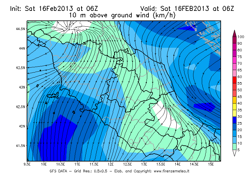 Mappa di analisi GFS - Velocità del vento a 10 metri dal suolo [km/h] in Centro-Italia
									del 16/02/2013 06 <!--googleoff: index-->UTC<!--googleon: index-->