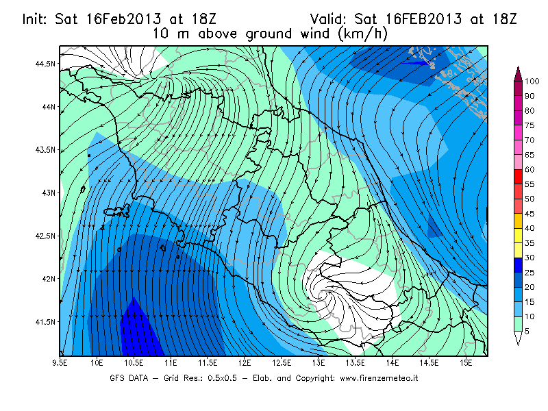 Mappa di analisi GFS - Velocità del vento a 10 metri dal suolo [km/h] in Centro-Italia
									del 16/02/2013 18 <!--googleoff: index-->UTC<!--googleon: index-->