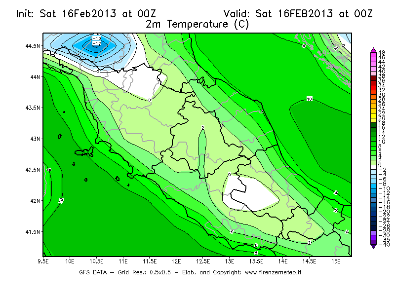 Mappa di analisi GFS - Temperatura a 2 metri dal suolo [°C] in Centro-Italia
									del 16/02/2013 00 <!--googleoff: index-->UTC<!--googleon: index-->