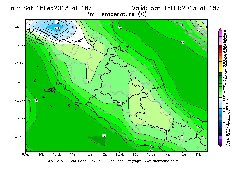Mappa di analisi GFS - Temperatura a 2 metri dal suolo [°C] in Centro-Italia
									del 16/02/2013 18 <!--googleoff: index-->UTC<!--googleon: index-->