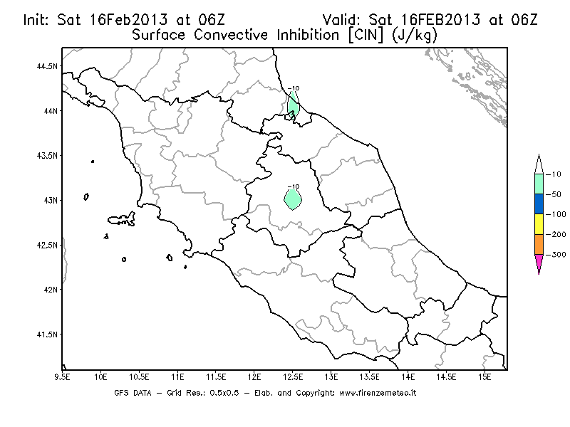 Mappa di analisi GFS - CIN [J/kg] in Centro-Italia
									del 16/02/2013 06 <!--googleoff: index-->UTC<!--googleon: index-->