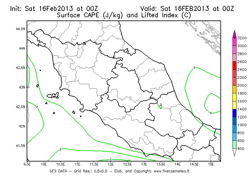 Mappa di analisi GFS - CAPE [J/kg] e Lifted Index [°C] in Centro-Italia
									del 16/02/2013 00 <!--googleoff: index-->UTC<!--googleon: index-->